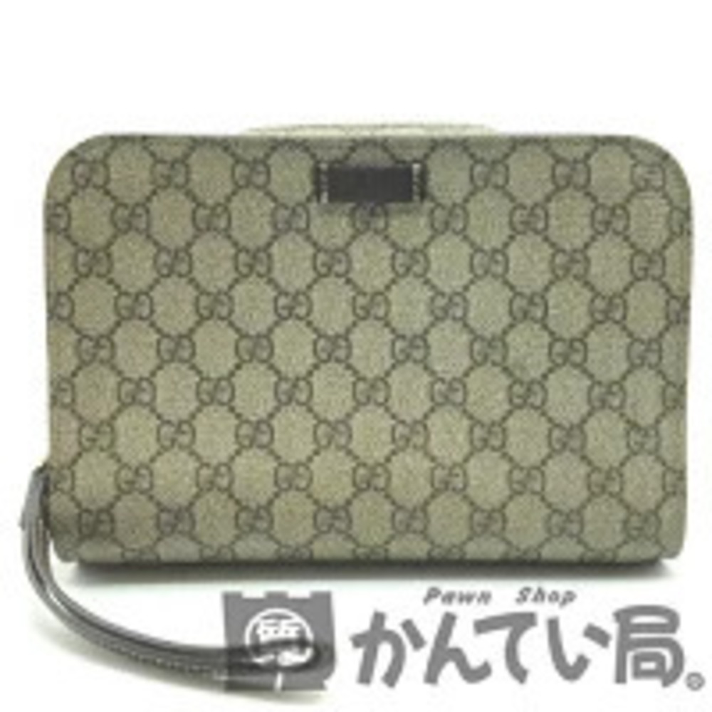 GUCCI Shoulder Bag GG Plus Supreme Clutch Khaki Green Dark Brown Zipper Closure